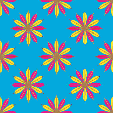 Geometric seamless pattern with fractal flower in red and yellow colors on light blue background.のイラスト素材