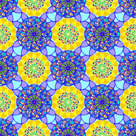 Beautiful new coloful stained glass kaleidoscope on a background of leaves seamless pattern for new design.のイラスト素材