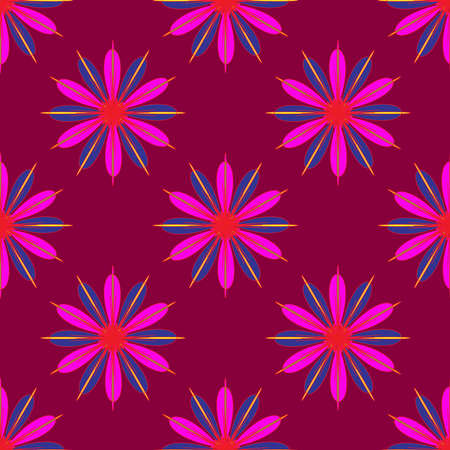 Geometric seamless pattern with fractal flower in pink and violet colors on magenta red backgroundのイラスト素材