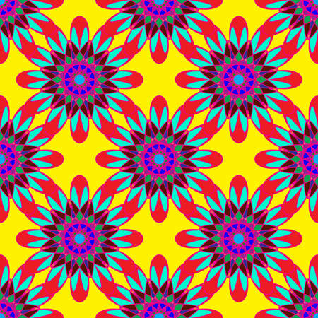 Geometric seamless pattern with fractal flower in red blue and violet colors on yellow background.のイラスト素材