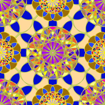 Amazing multicolor kaleidoscope diamond on a background of leaves seamless pattern for new design.のイラスト素材