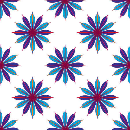 Geometric seamless pattern with fractal flower in blue and magenta colors on white background.のイラスト素材