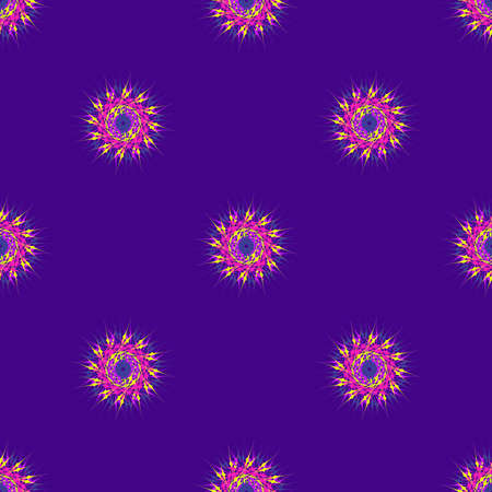 Abstract seamless pattern with bright multibeam fractal mandala on a deep violet backgroundのイラスト素材
