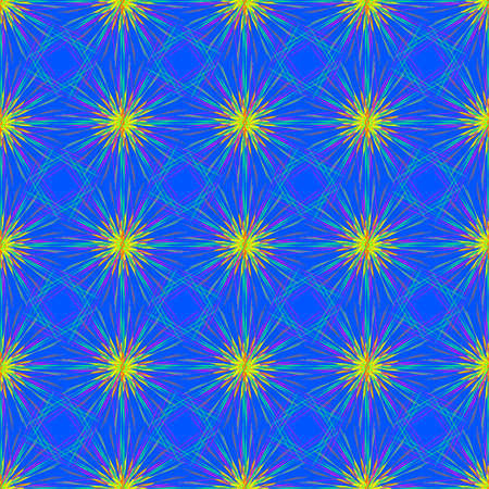 Abstract seamless pattern with multibeam furry fractal star on a blue background.のイラスト素材