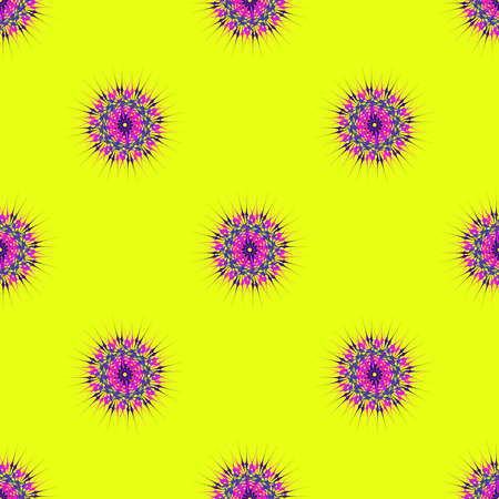 Abstract seamless pattern with bright multibeam fractal mandala on a yellow backgroundのイラスト素材