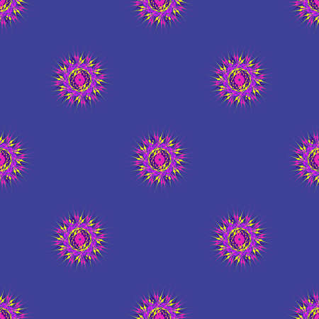 Abstract seamless pattern with bright multibeam fractal mandala on a deep purple backgroundのイラスト素材