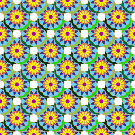 Geometric seamless pattern with fractal flower in yellow, green and blue colors on white background.のイラスト素材