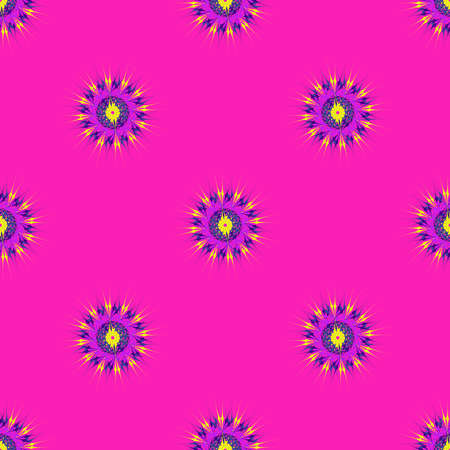 Abstract seamless pattern with bright multibeam fractal mandala on a pink backgroundのイラスト素材