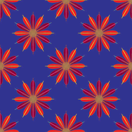 Geometric seamless pattern with fractal flower in red and magenta colors on deep blue background.のイラスト素材