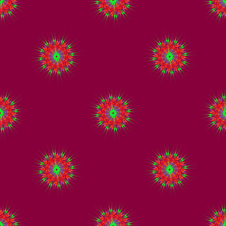 Abstract seamless pattern with bright multibeam fractal mandala on a deep magenta backgroundのイラスト素材