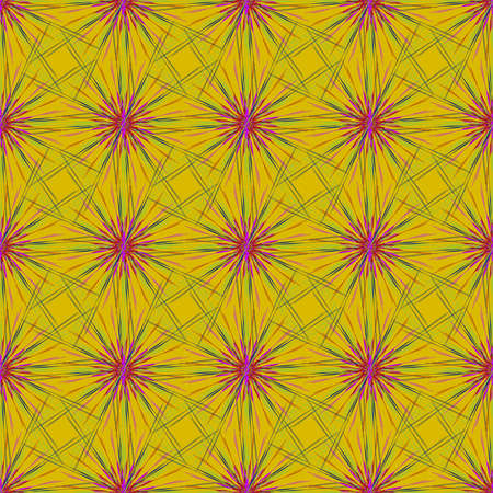 Abstract seamless pattern with multibeam furry fractal star on a dark yellow background.のイラスト素材