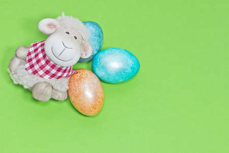 Easter Eggs with toy smiling white lamb, handmade felt easter decorationの写真素材