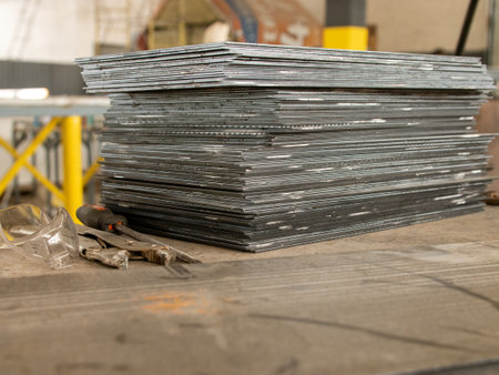 Stack of metal sheets on the table in the warehouse, stock photoの写真素材