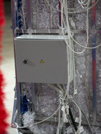 Electrical box with wires and cables connected to power supplyの写真素材