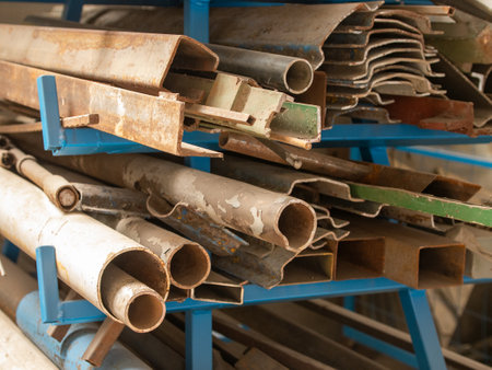 Pile of metal profile channel in packs at the warehouse of metal productsの写真素材