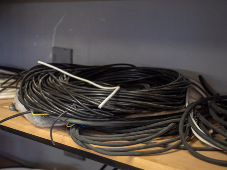 Electrical cables and wires are on the shelf in the factory.の写真素材