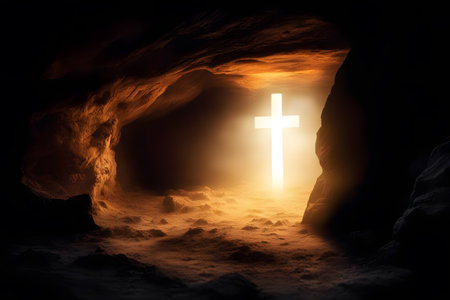 Cross in a cave. 3d rendering. Computer digital drawing.の素材