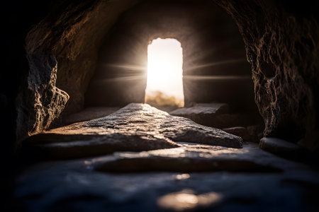 Silhouette of entrance to cave with sunlight in the middle.の素材