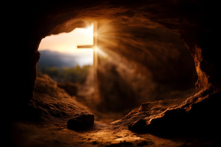 Silhouette of Jesus Christ inside the cave. Christian concept.の素材