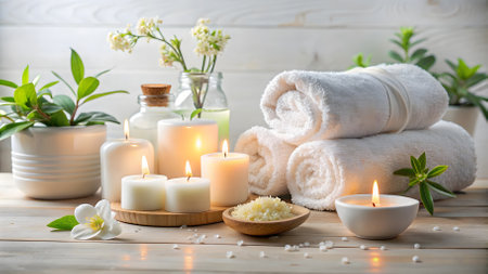 Spa still life with towels, candles and flowers on wooden backgroundの素材