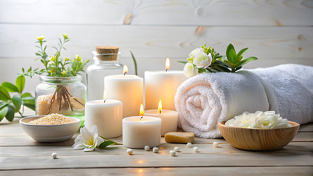 Spa still life with candles, flowers and towels on wooden backgroundの素材