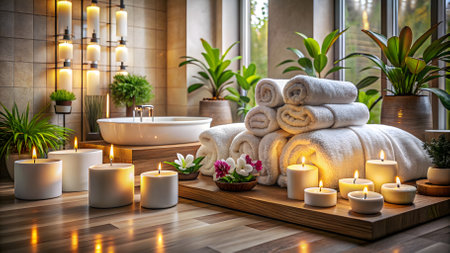 Spa composition with towels, candles and flowers on wooden floor.の素材