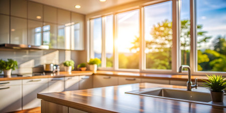 Luxury kitchen interior with modern appliances. Blurred background.の素材