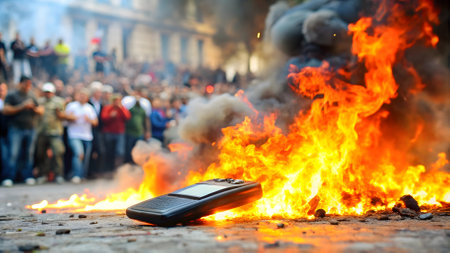 Demonstrators burn a burning mobile phone during a demonstration. Vintage pager engulfed in fire and smoke on the floorの素材