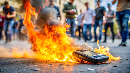 Demonstrators burn a mobile phone on the street.の素材