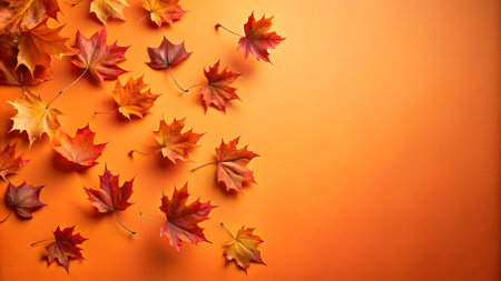 Autumn maple leaves on orange background, flat lay, copy spaceの素材