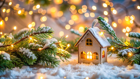 Christmas background. Festive decoration with Christmas tree and house on snow on bokeh background. New Year.の素材