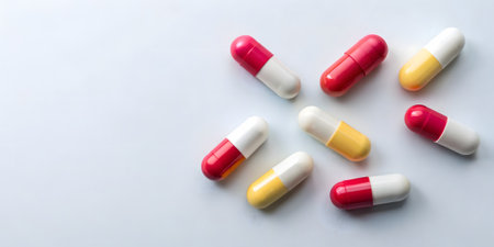 Colorful pills on a white background. Medicine and healthcare concept.の素材