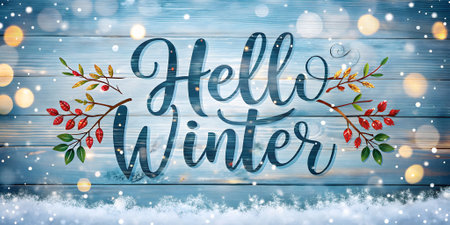 Hello Winter lettering on wooden background with snow and bokehの素材