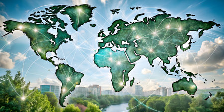 Global network connection on the background of the city. glowing lines symbols of the Internet, radio and satellite communications.の素材