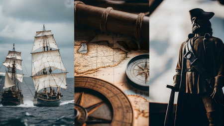 Columbus day. Vintage travel collage with old sailing ship, compass and sailboat.の素材
