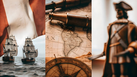 Vintage travel concept with sailboat, compass, map and flag. Columbus dayの素材