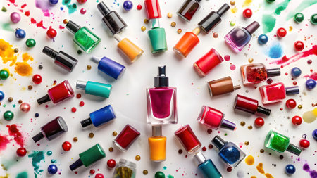 Nail polish bottles on white background. Top view, flat layの素材