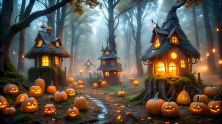 Halloween background with pumpkins and witch's house in the fog in fairytale forestの素材