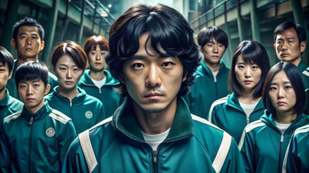 Group of Asian people looking at the camera in the city. Guard from Squid Game. Netflix show. Squid Game is a South Korean survival drama television seriesの素材