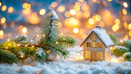 Christmas and New Year greeting card. Festive decoration on bokeh background. Copy space.の素材