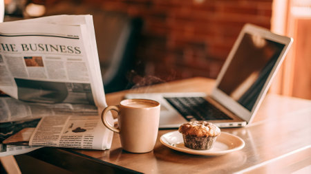 Coffee cup and newspaper on table in cafe. Coffee break conceptの素材