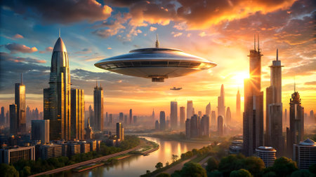 Flying saucer over the city and the river. Concept of Science Fiction Dayの素材