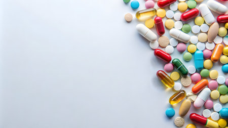 Colorful pills and capsules on white background with copy space for textの素材