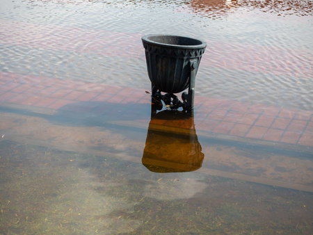 Black trash can in a puddle with reflection on the water.の写真素材