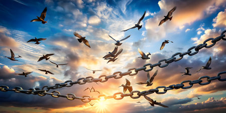 Conceptual image of flock of seagulls flying over chain at sunsetの素材