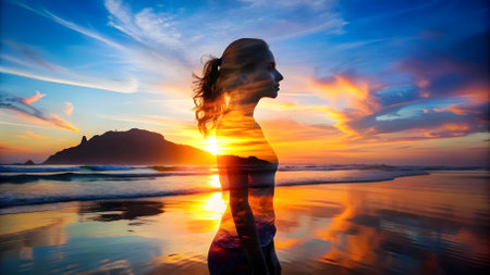 Silhouette of a beautiful woman on the beach at sunset.の素材