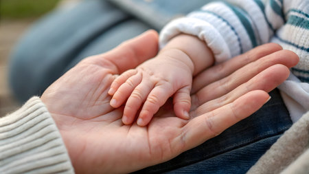 Mother holding her baby in her arms, close-up of handsの素材