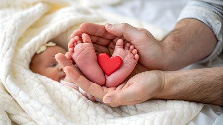 Newborn baby and father hands with red heart, close up viewの素材