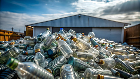 Pile of used plastic bottles in a recycling plant. Recycling conceptの素材