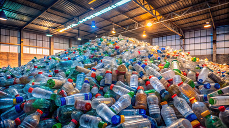 Pile of plastic bottles in factory warehouse, industry and environmental conceptの素材